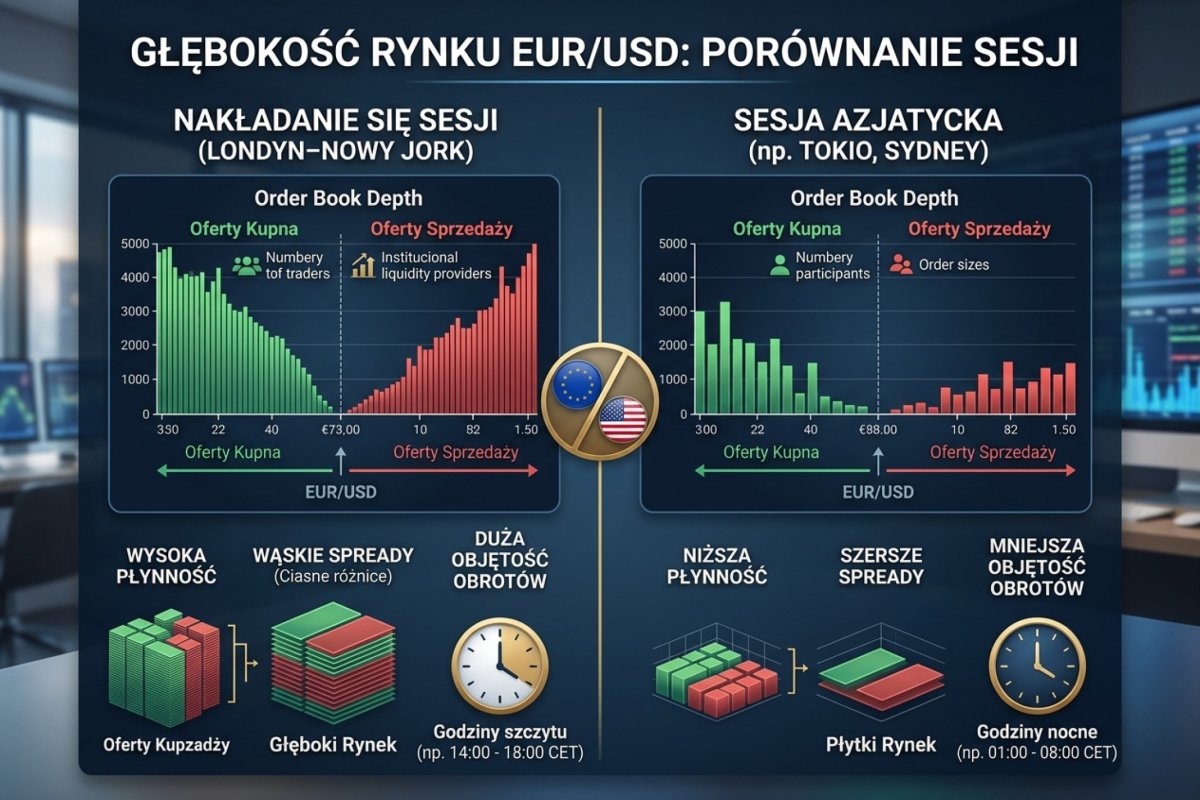 Heatmapa płynności (Bookmap) przed i po publikacji NFP — wizualizacja znikającego arkusza zleceń (DOM), porównanie nakładki Londyn–NY z sesją azjatycką
