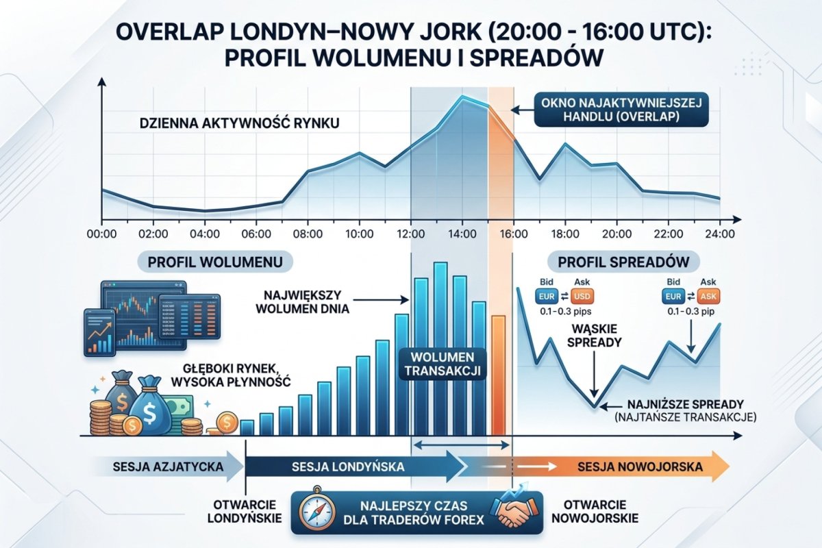 Nakładka Londyn–Nowy Jork — profil wolumenu i spreadów w najaktywniejszym oknie dnia