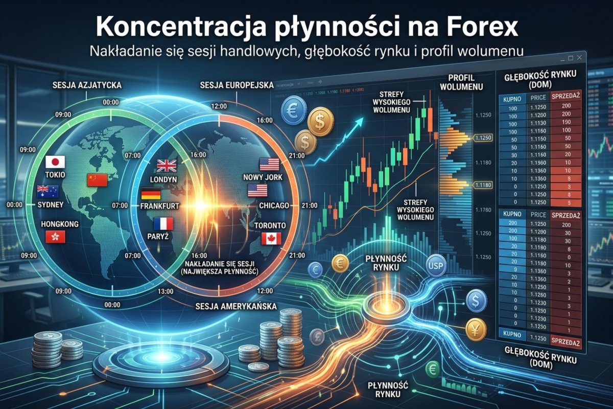 Koncentracja płynności na Forex — nakładanie się sesji handlowych, depth of market i profil wolumenu