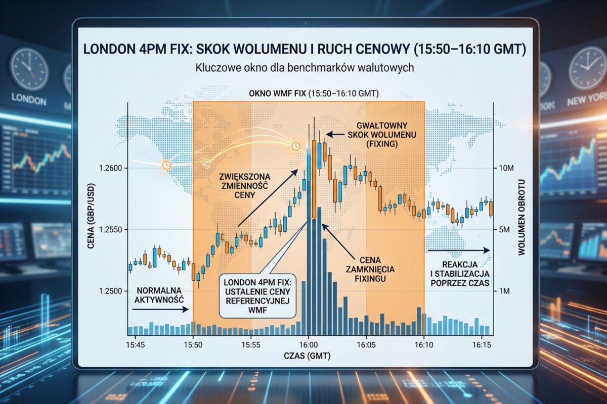 London 4pm Fix — skok wolumenu i ruch cenowy wokół okna fixingowego, ok. 16:50–17:10 czasu polskiego