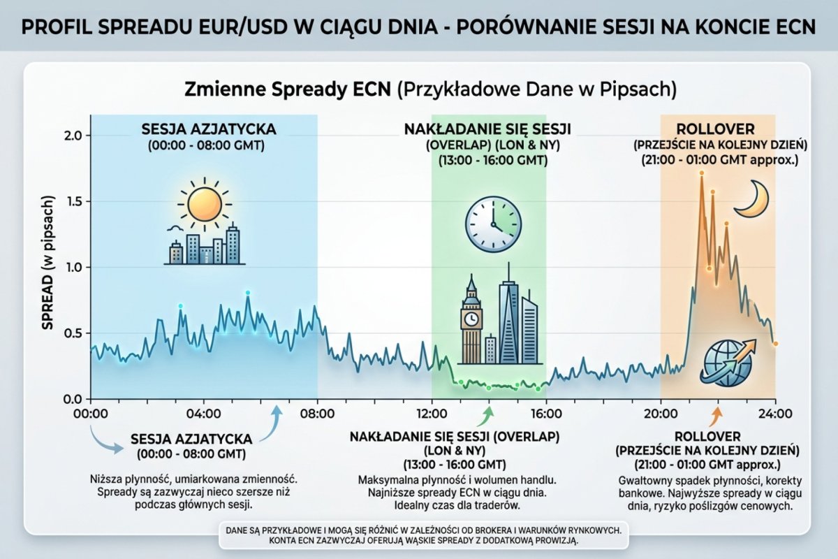 Profil spreadu EUR/USD w ciągu dnia — porównanie nakładki, Azji i rolloveru na koncie ECN