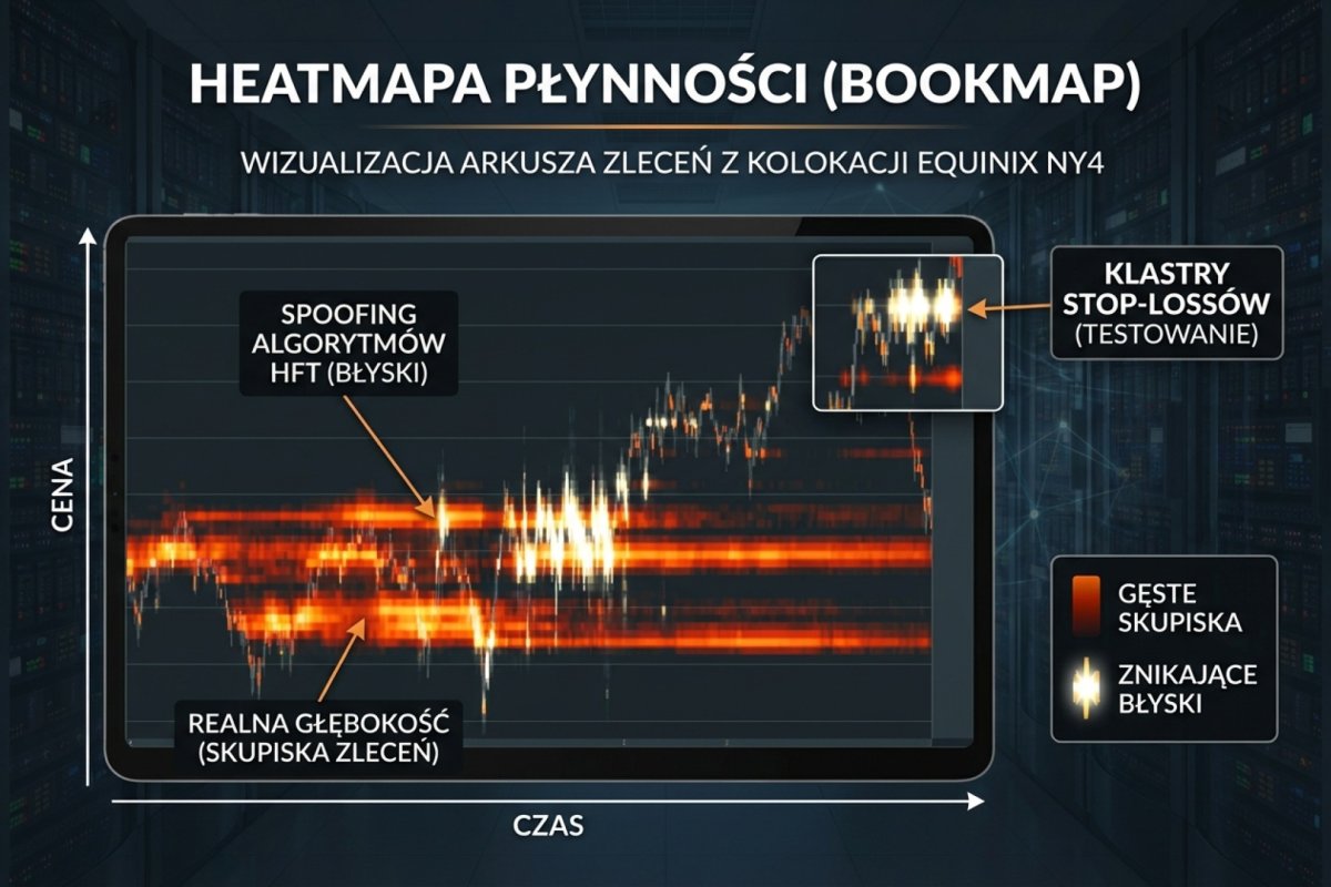Heatmapa płynności (Bookmap) — wizualizacja arkusza zleceń: gęste skupiska to utrzymywana głębokość, krótkotrwałe błyski to kwotowania wycofywane w sekundach