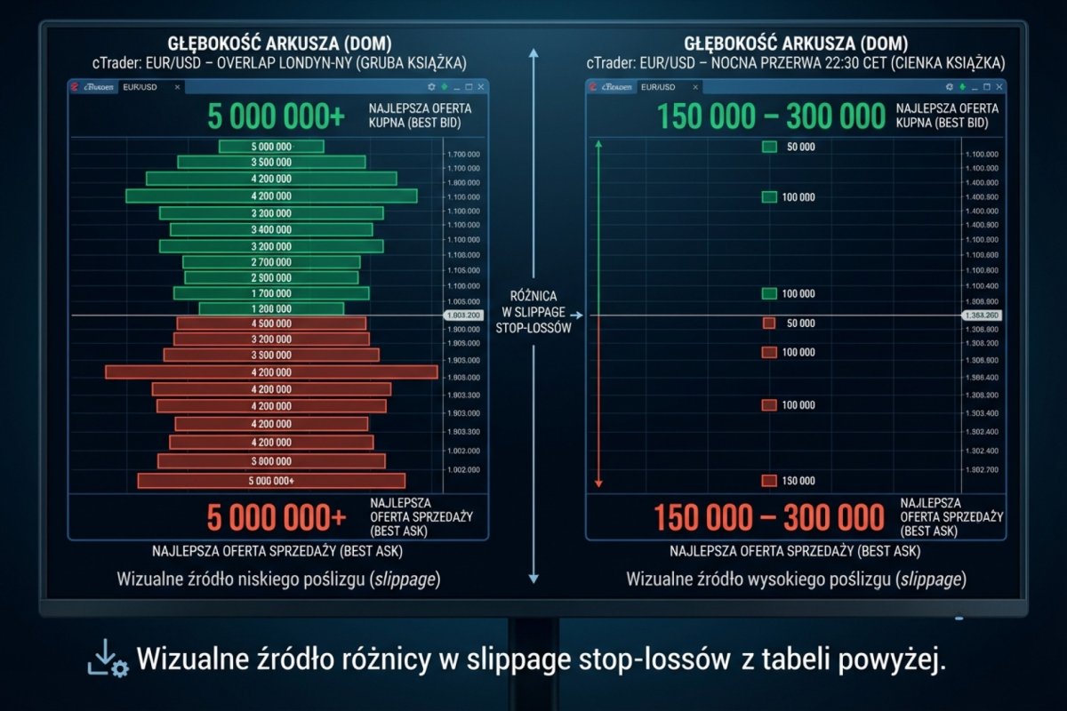 Porównanie głębokości arkusza zleceń DOM cTrader EUR/USD — szczyt nakładki Londyn–NY (gruba, wielomilionowa książka) vs nocna przerwa 23:30 czasu polskiego (cienka książka z kilkuset tysiącami na najlepszych poziomach) — wizualne źródło różnicy w slippage stop-lossów z tabeli powyżej