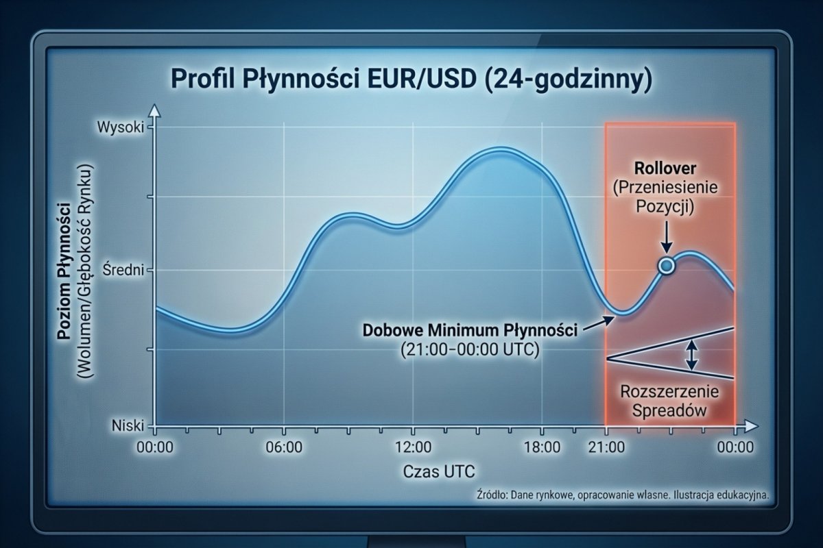 Profil płynności EUR/USD — dobowe minimum ok. 23:00–2:00 czasu polskiego z zaznaczonym rolloverem i rozszerzeniem spreadów