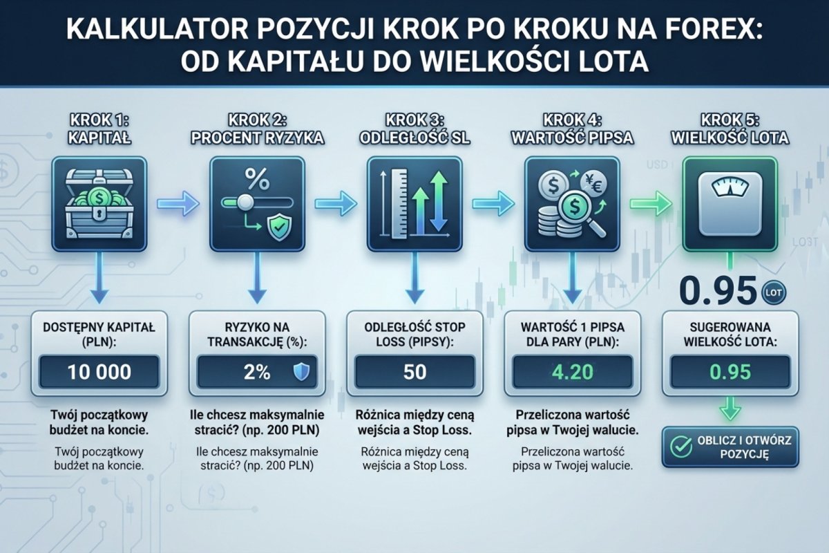 Kalkulator pozycji krok po kroku: kapitał → procent ryzyka → odległość SL → wartość pipsa → wielkość lota