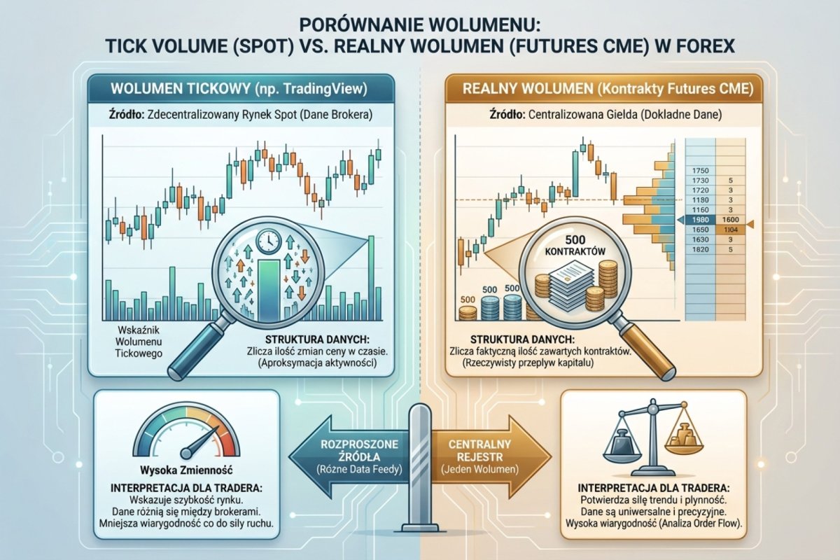 Porównanie tick volume z TradingView i realnego wolumenu z rynku futures CME — różnice w strukturze danych i interpretacji dla tradera Forex