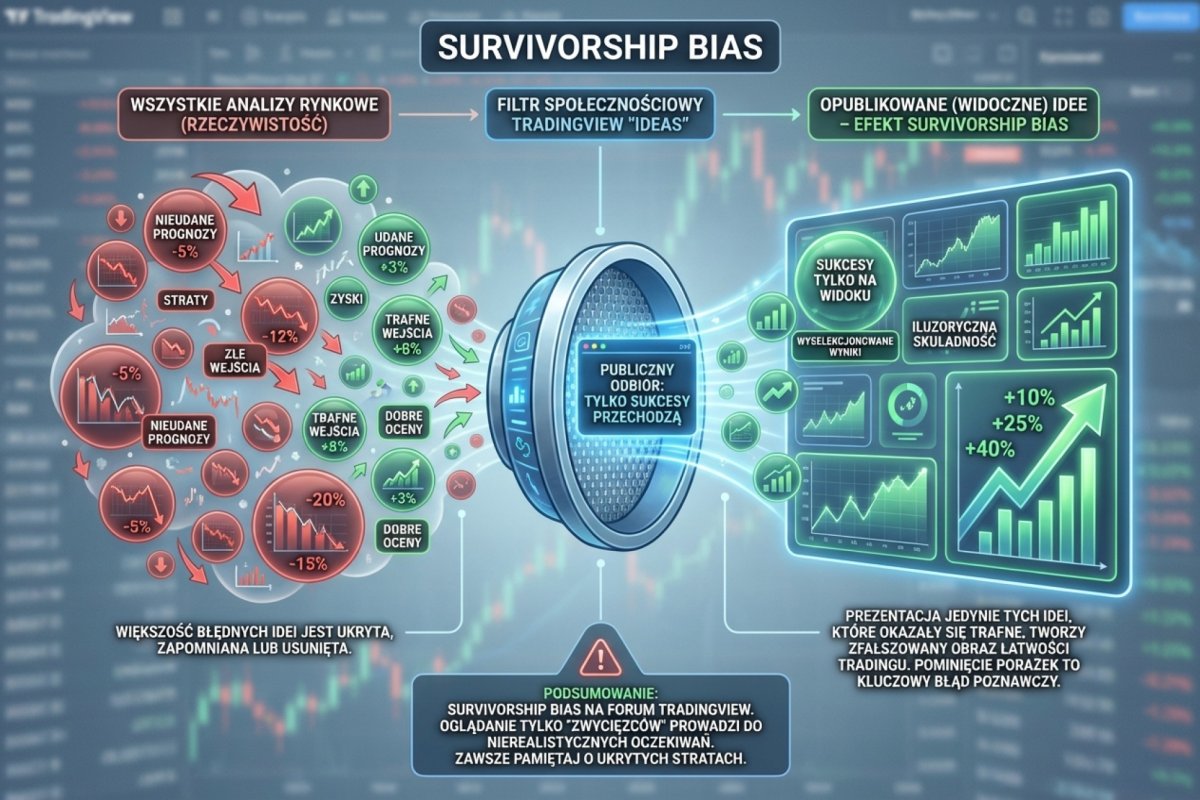 Sekcja Ideas na TradingView — widoczne tylko udane analizy, schematyczne przedstawienie survivorship bias w publikacjach społeczności