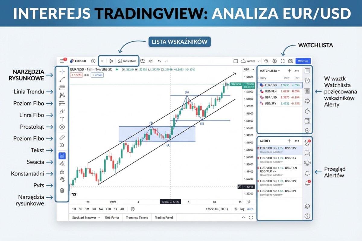 Interfejs TradingView z wykresem EUR/USD — panel narzędzi rysunkowych, lista wskaźników, panel alertów i watchlista par walutowych