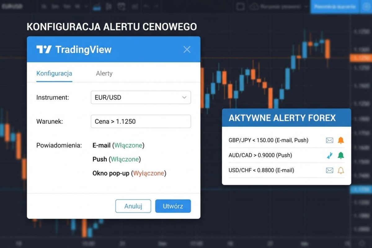 System alertów TradingView — panel konfiguracji alertu cenowego z warunkami, powiadomieniami push i email, lista aktywnych alertów na parach Forex