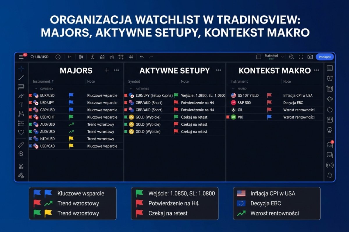 Organizacja watchlist w TradingView — trzy oddzielne listy: Majors, aktywne setupy i kontekst makro z kolorowymi flagami i notatkami