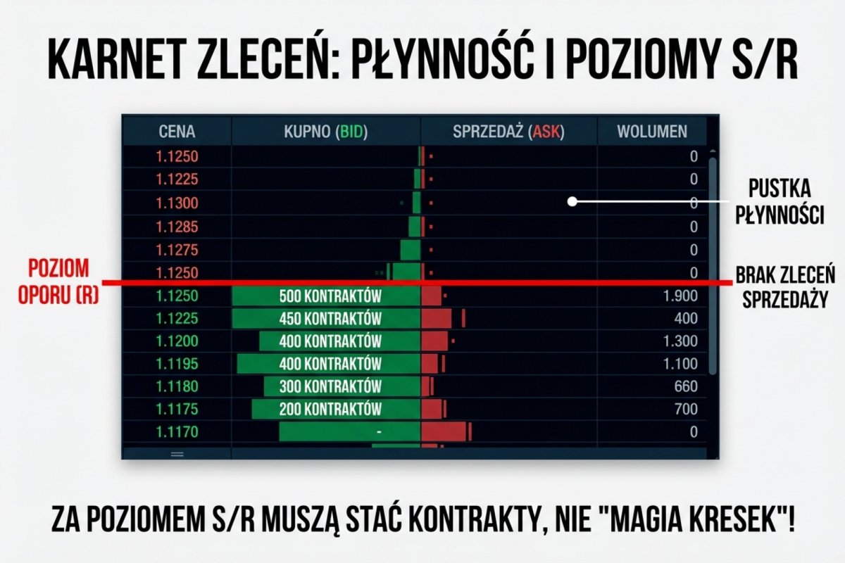 Karnet zleceń (Depth of Market) pokazujący brak płynności — za poziomem S/R muszą stać kontrakty, nie magia kresek