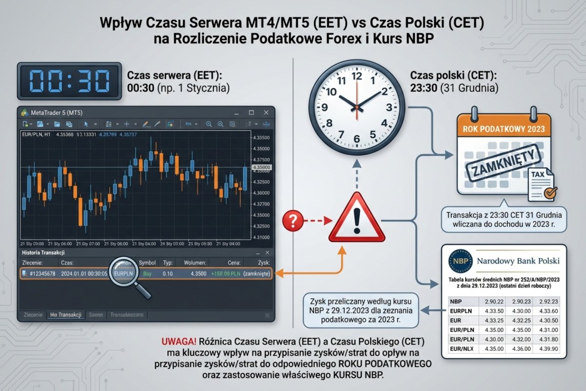 Zrzut ekranu MT4/MT5 — czas serwera (np. EET 00:30) vs czas polski (CET 23:30) i wpływ na rok podatkowy i kurs NBP