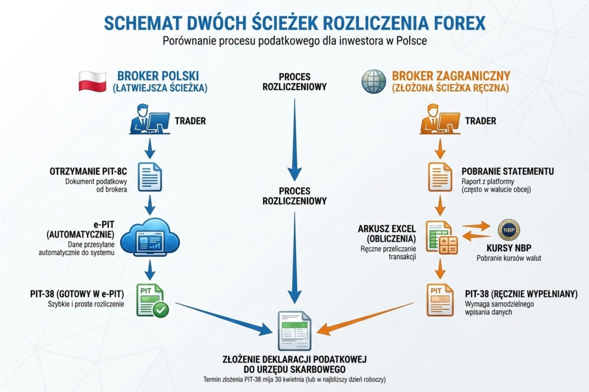 Schemat dwóch ścieżek rozliczenia: broker polski (PIT-8C → e-PIT) vs broker zagraniczny (statement → Excel → kursy NBP → PIT-38 ręcznie)