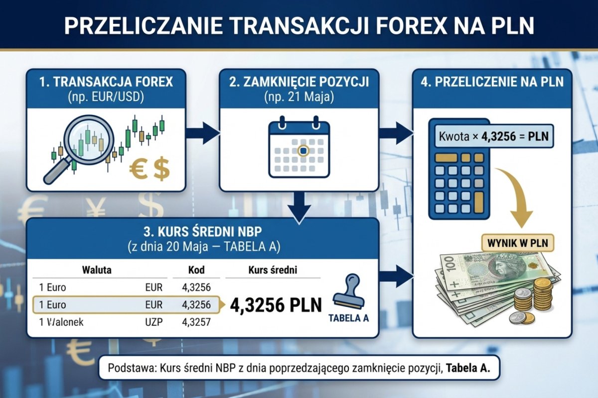 Przeliczanie transakcji Forex na PLN — kurs średni NBP z ostatniego dnia roboczego poprzedzającego zamknięcie pozycji, Tabela A