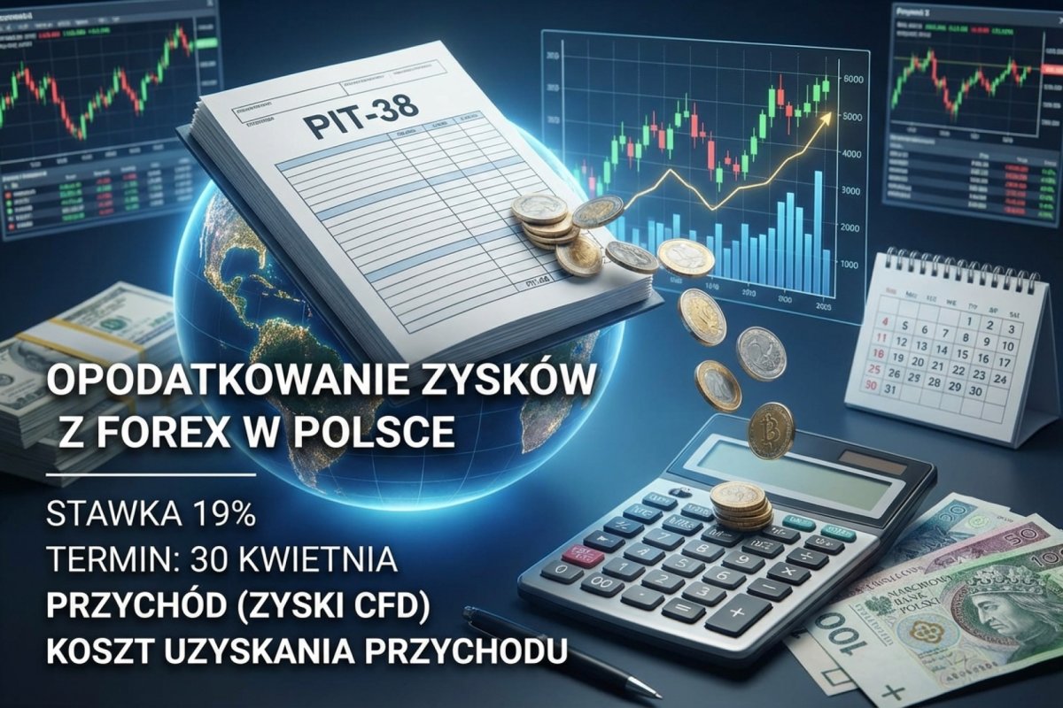 Opodatkowanie zysków z Forex w Polsce — PIT-38, stawka 19%, zdarzenie podatkowe przy zamknięciu pozycji, przychód a wypłata z rachunku CFD