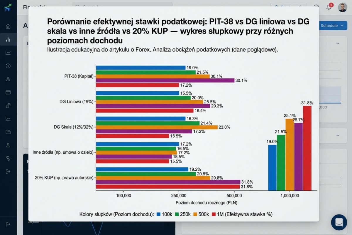Porównanie łącznych obciążeń przy 180 000 PLN przychodu rocznie (założenia 2026): DG liniowa 27,6%, ryczałt 15% wg KIS plus składki (rachunek niepełny), działalność wykonywana osobiście 10,3% i inne źródła 16,7% (bez ewentualnych składek), PIT-38 19% dochodu dla kontrastu — wykres słupkowy