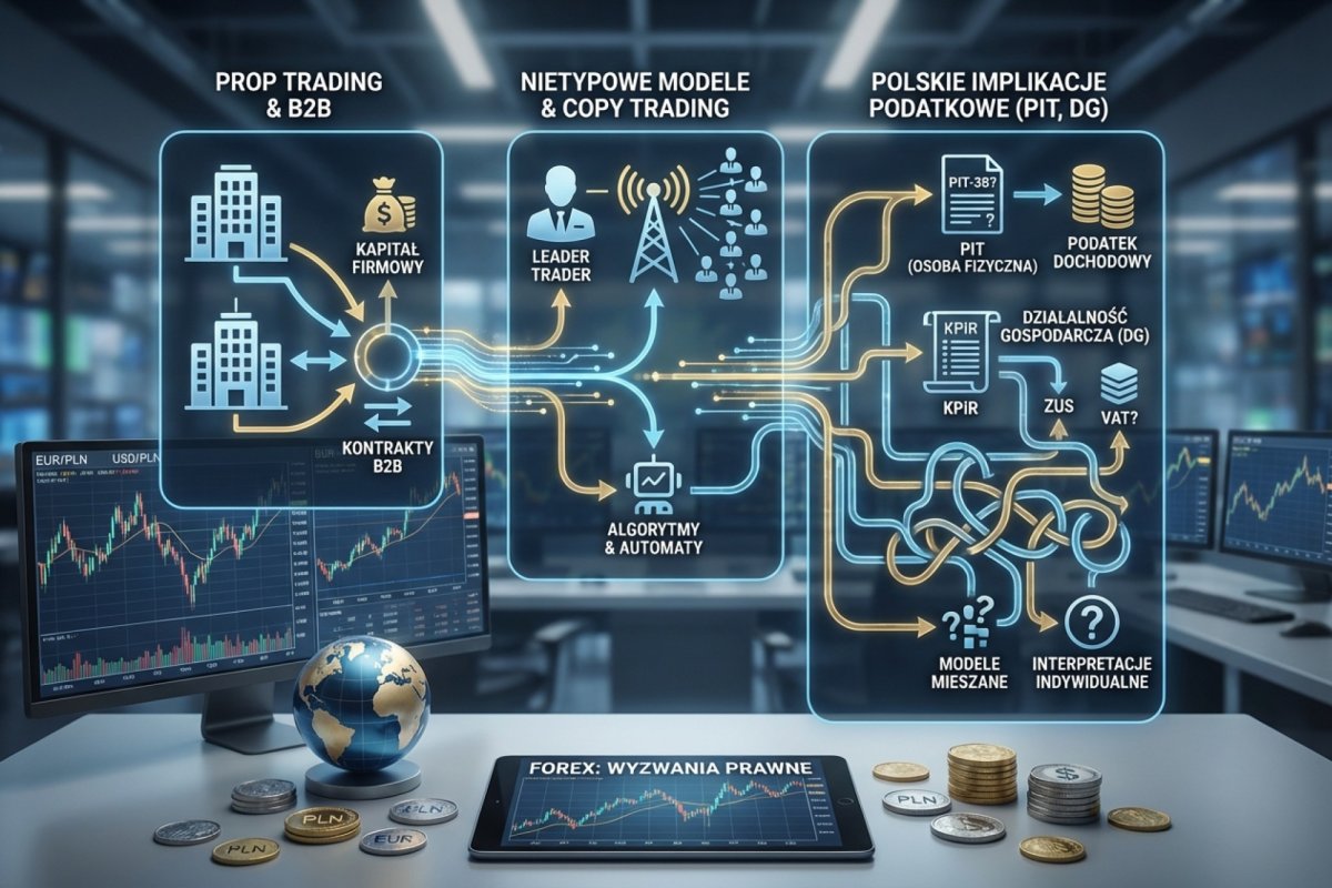 Prop trading, B2B i nietypowe modele tradingu — kwalifikacja wypłaty z firmy prop w Polsce: działalność wykonywana osobiście (PIT-36), DG, ryczałt 15% wg KIS, copy trading