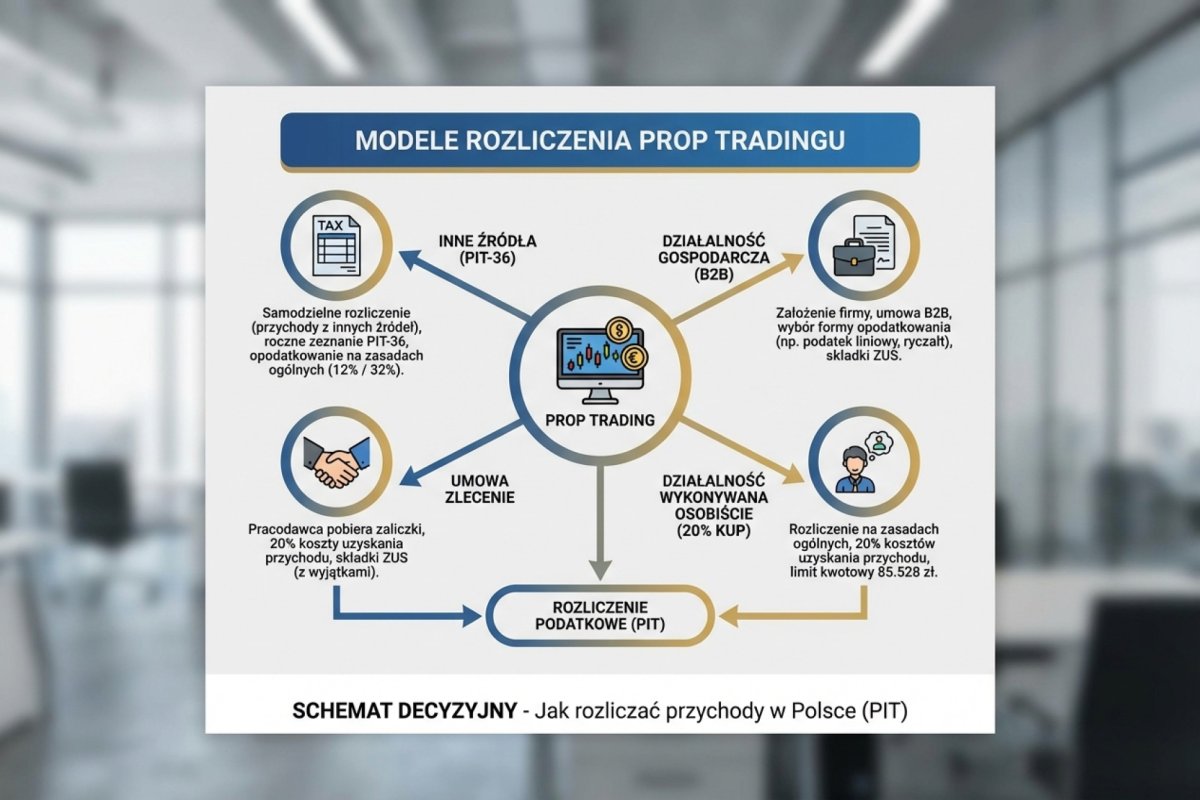 Schemat decyzyjny kwalifikacji wypłaty z firmy prop: własny rachunek (PIT-38), czynności na rachunku firmy, rachunek symulowany z wynagrodzeniem (działalność wykonywana osobiście, PIT-36), usługa B2B (DG — skala, liniowy, ryczałt 15% wg KIS)