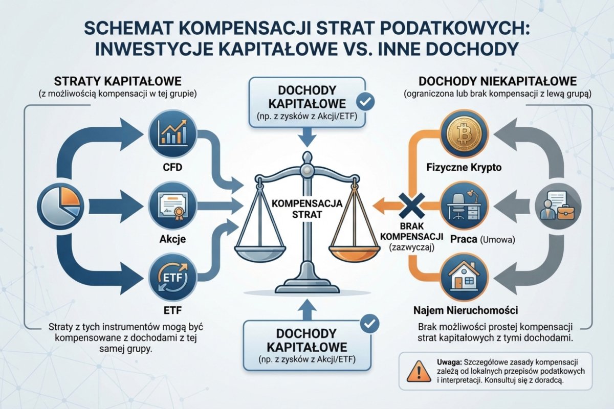 Schemat kompensacji strat — CFD, akcje, ETF-y i od 2024 r. fundusze kapitałowe w jednym zakresie kompensacji (art. 30b); waluty wirtualne, dywidendy, odsetki, praca, działalność i najem poza nim
