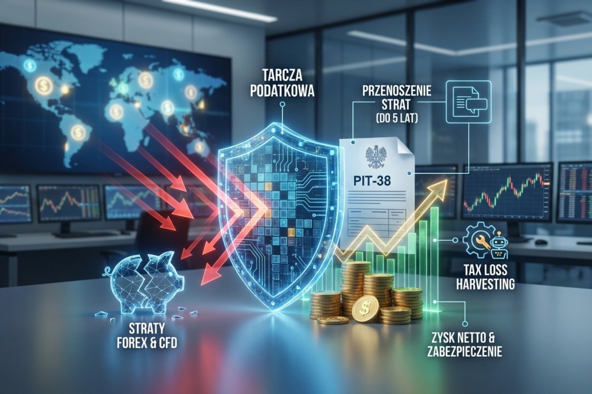 Straty i tarcza podatkowa na Forex — dwie metody odliczenia straty z CFD (50 % rocznie albo jednorazowo), okno 5 lat, rejestr strat i PIT-38 przy stracie