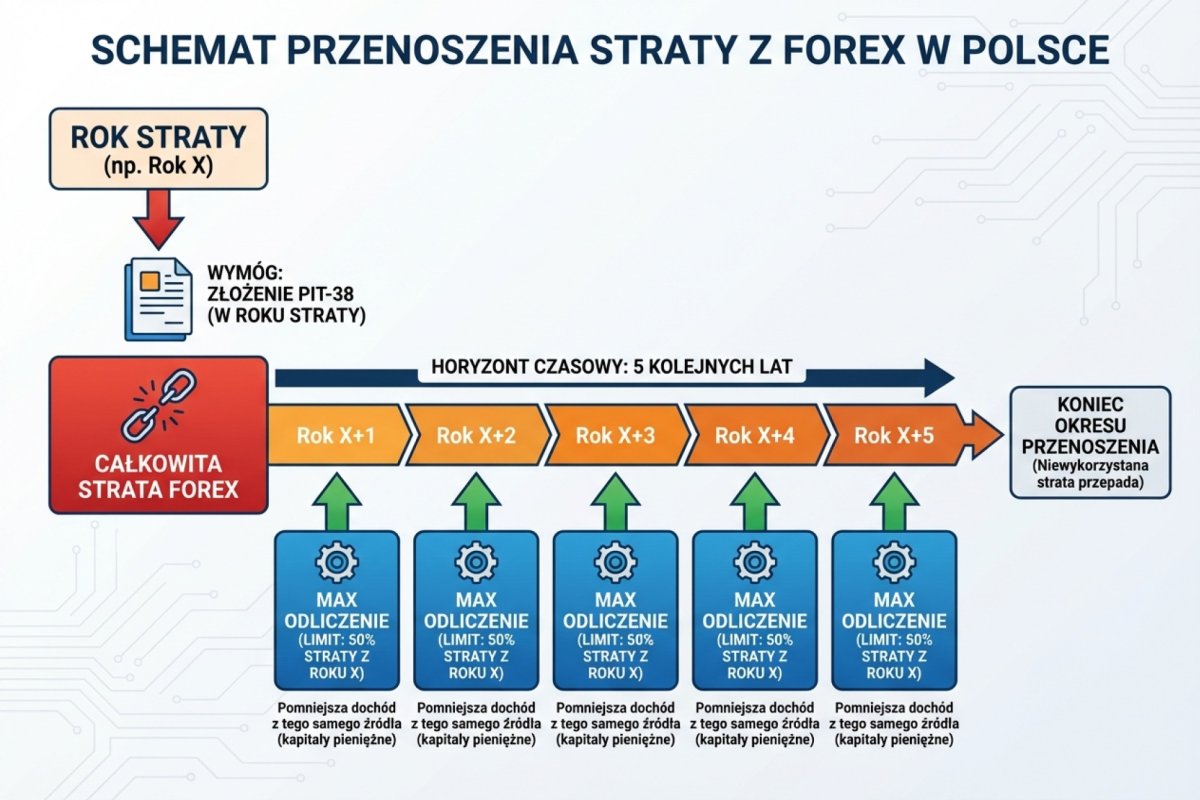 Schemat przenoszenia straty z Forex — okno pięciu lat po roku straty, limit 50 % straty w roku albo jeden rok jednorazowy, strata wykazana w PIT-38