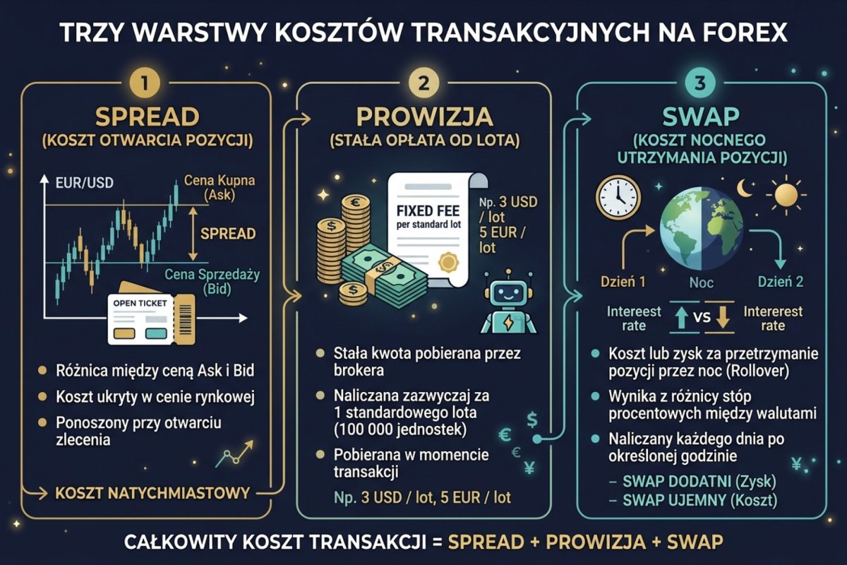 Składniki kosztu transakcji na Forex — spread wynikający z bid i ask, odrębna prowizja, finansowanie overnight, poślizg i przewalutowanie