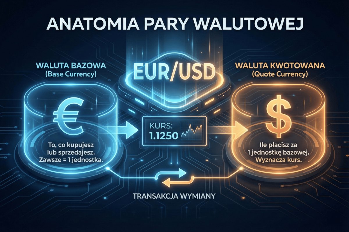 Anatomia pary walutowej — waluta bazowa i waluta kwotowana z bilansem pozycji