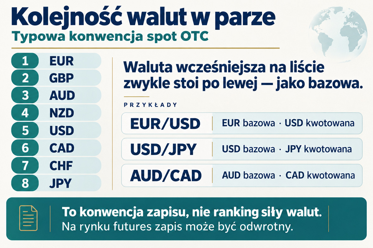 Typowa kolejność walut spot OTC: EUR, GBP, AUD, NZD, USD, CAD, CHF, JPY. Waluta wcześniejsza zwykle jest bazowa.