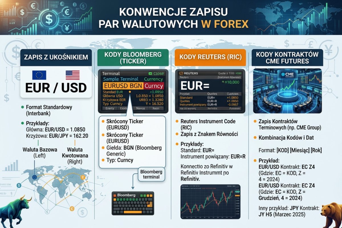 Konwencje zapisu par walutowych — ukośnik, Bloomberg, LSEG i kody CME futures
