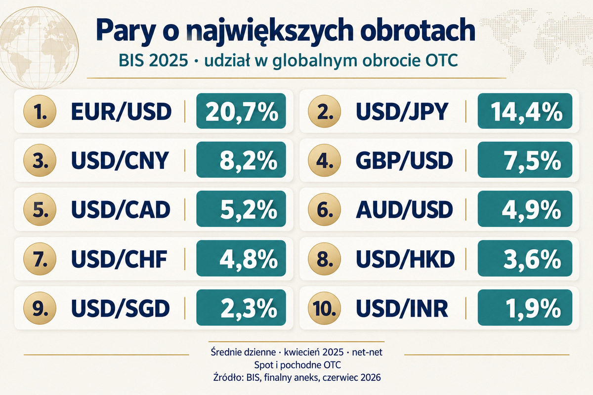 BIS 2025: EUR/USD 20,7%; USD/JPY 14,4%; USD/CNY 8,2%; GBP/USD 7,5%; USD/CAD 5,2%; AUD/USD 4,9%; USD/CHF 4,8%; USD/HKD 3,6%; USD/SGD 2,3%; USD/INR 1,9%.