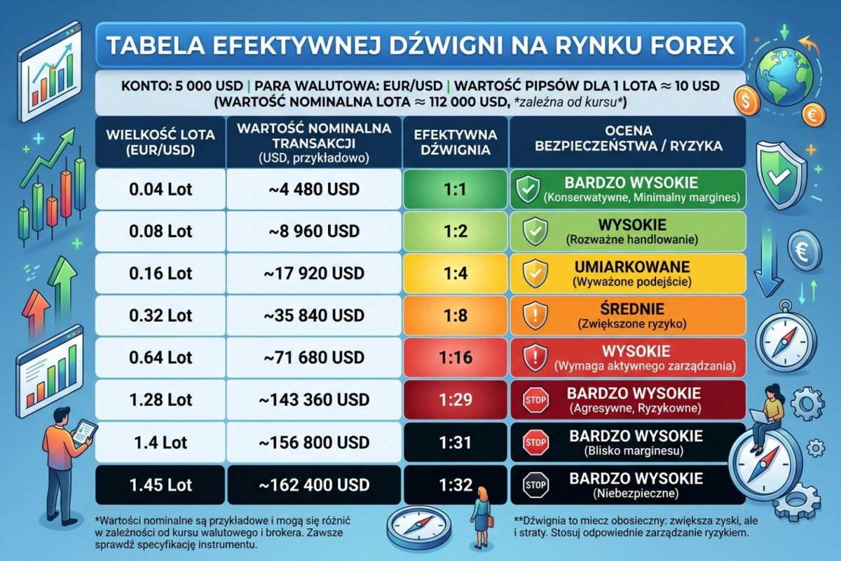 Tabela efektywnej dźwigni — konto 5 000 USD, różne wolumeny EUR/USD, ekspozycja od 5 425 do 162 750 USD i wrażliwość equity na ruch kursu o 1%