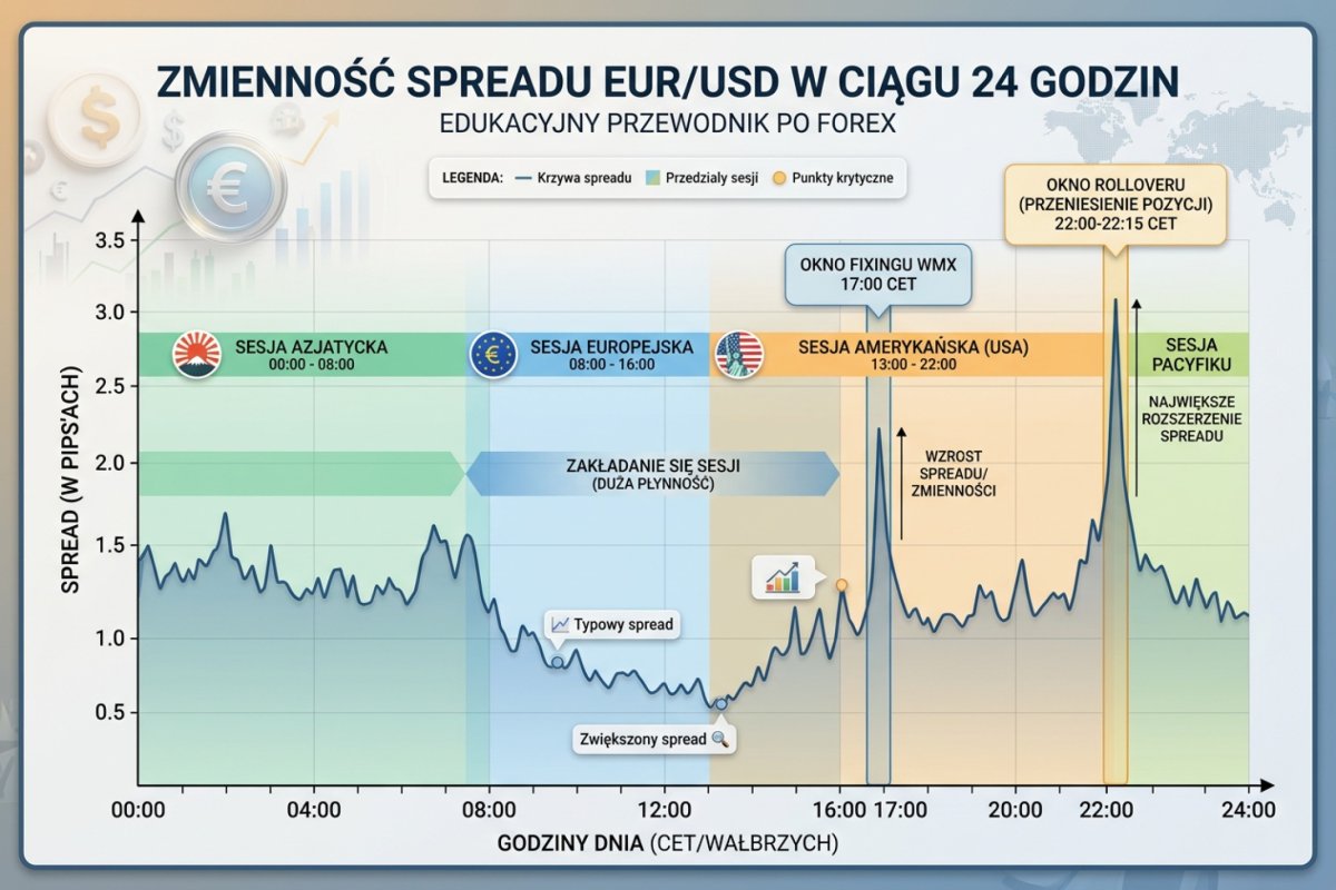 Spread EUR/USD w ciągu 24 godzin — z zaznaczonymi sesjami, oknem fixingu (16:00 czasu londyńskiego) i oknem rolloveru