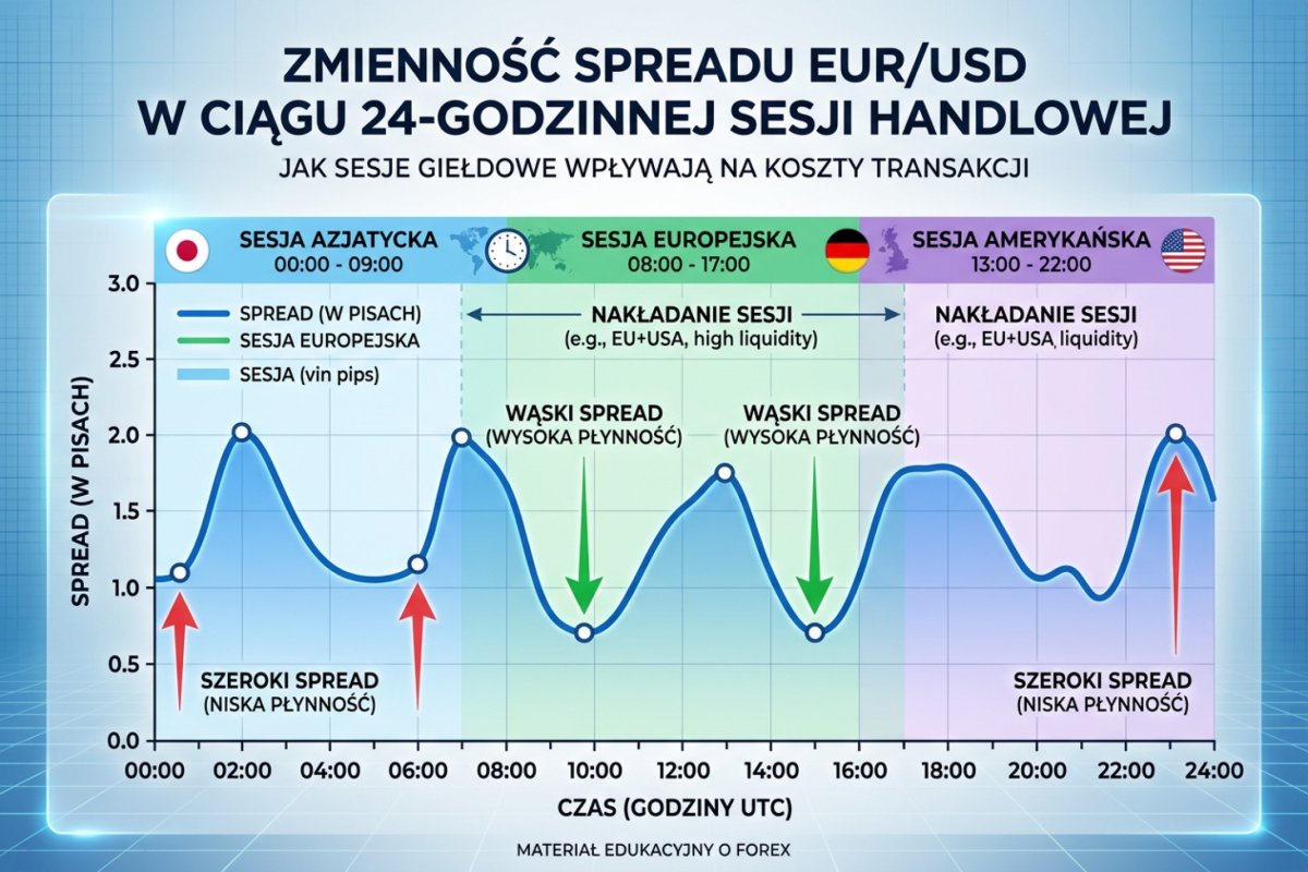 Zmienność spreadu EUR/USD w ciągu 24-godzinnej sesji handlowej