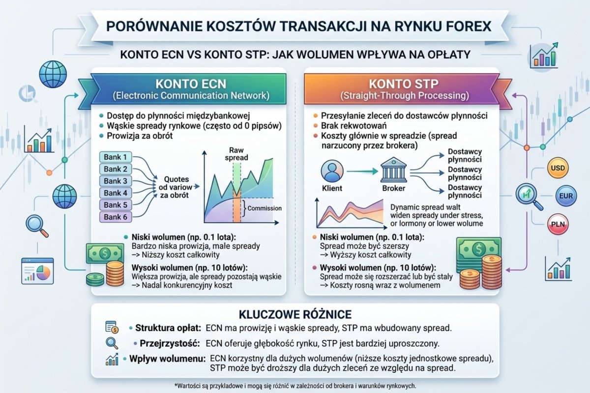 Porównanie kosztu transakcji: konto ze spreadem wbudowanym vs raw spread z prowizją, w zależności od wolumenu