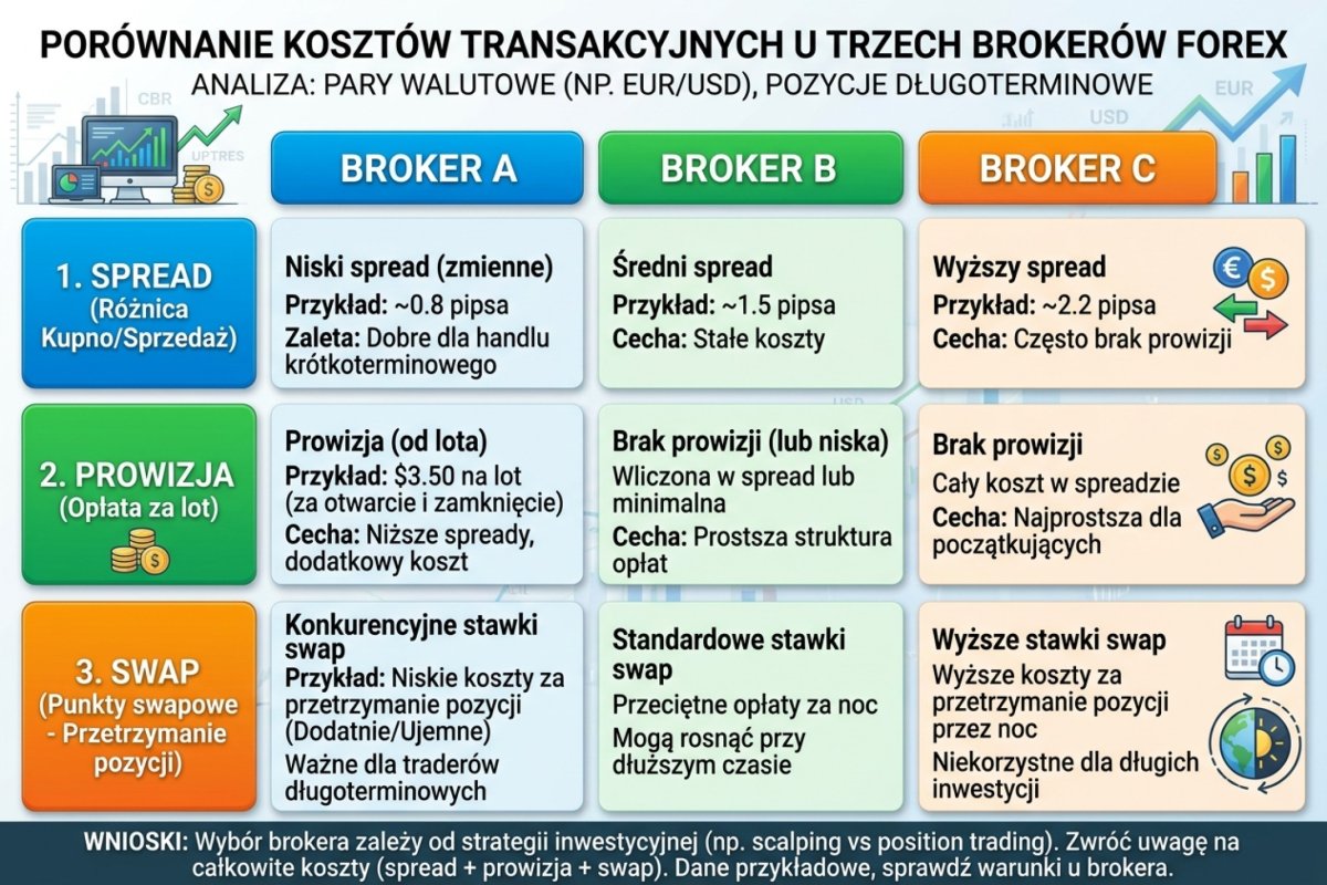 Porównanie kosztów transakcyjnych u trzech brokerów — A: spread wbudowany, B: raw spread z prowizją, C: szeroki spread z wysokim narzutem