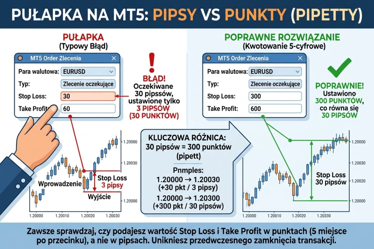 Pułapka pipsy vs punkty na MT5 — odległość SL można podać w punktach (pipetach) albo jako poziom ceny; 30 pipsów = 300 punktów na pięciocyfrowym kwotowaniu