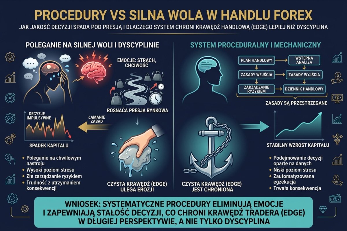 Kartka z listą warunków wejścia przypięta do tablicy korkowej nad uporządkowanym stanowiskiem pracy, obok wyłączony monitor — reguła spisana, zanim zacznie się sesja; spokojne dzienne światło