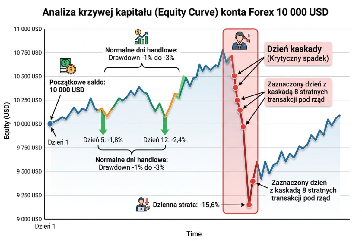 Krzywa kapitału rachunku 10 000 USD z zaznaczoną sesją ośmiu transakcji i wynikiem -15,62% na tle sesji zakończonych w przedziale -1% do -3%, wartości ilustracyjne