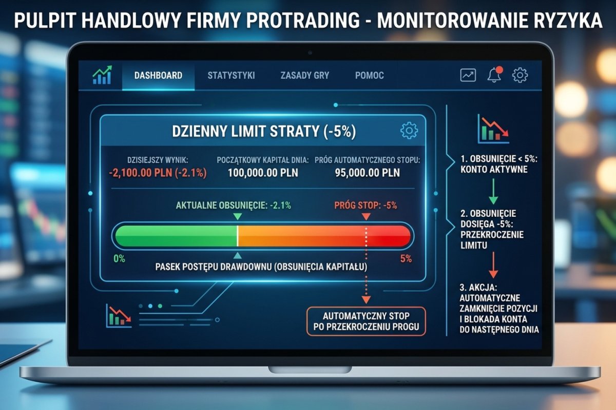 Panel kontroli ryzyka z licznikiem dziennego obsunięcia i automatycznym zatrzymaniem po przekroczeniu progu ustalonego wcześniej
