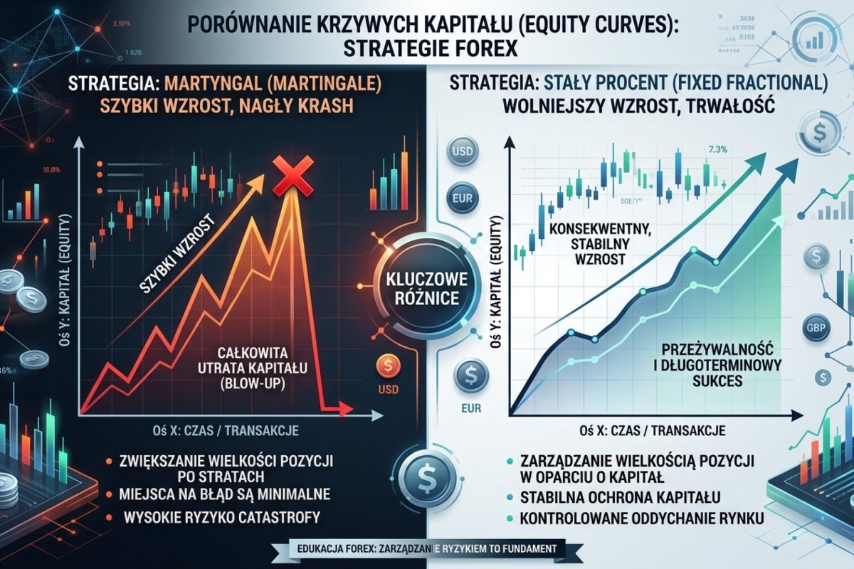 Dwie krzywe kapitału przy tej samej serii wyników — podwajanie po stracie i stałe ryzyko procentowe, wartości ilustracyjne