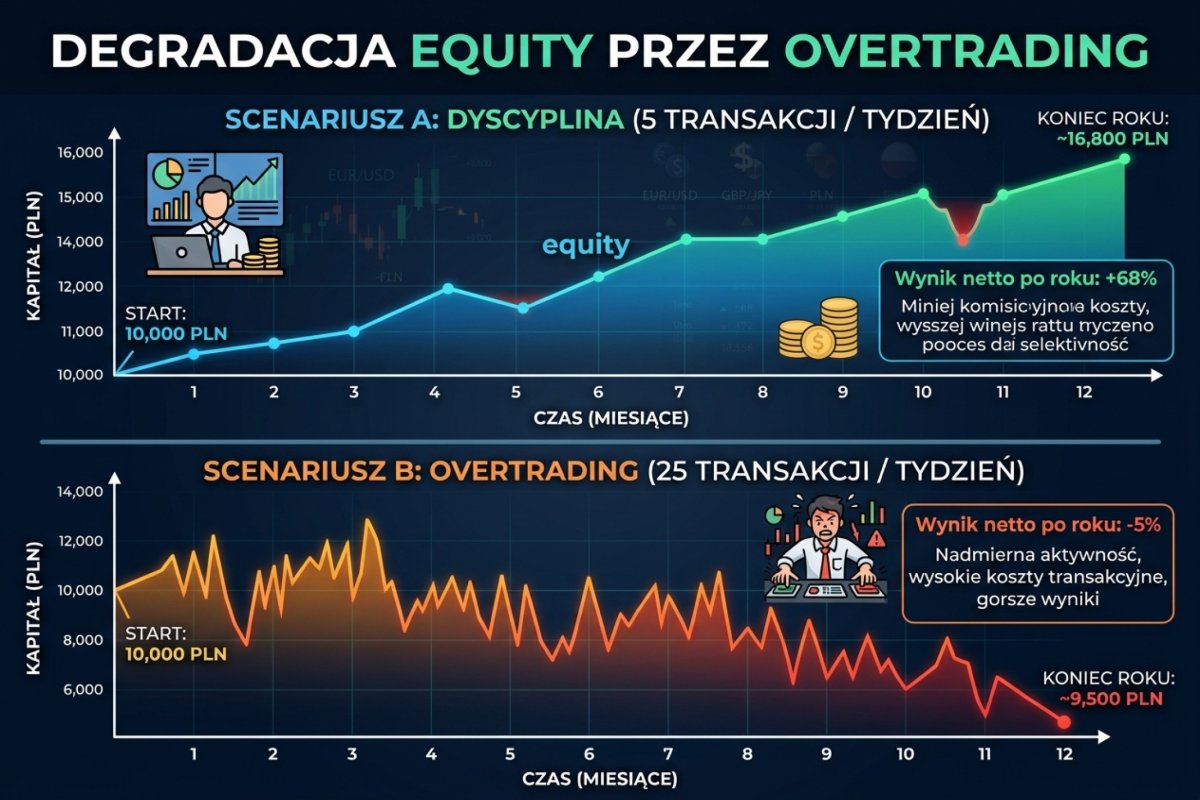 Degradacja kapitału przez częstotliwość — ta sama strategia przy 5 i 25 transakcjach tygodniowo po roku, wartości ilustracyjne
