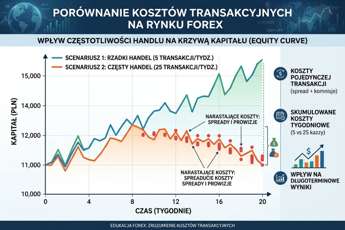 Porównanie kosztów transakcyjnych: 5 vs 25 transakcji tygodniowo — narastający koszt spreadów i poślizgów w skali roku, wartości ilustracyjne