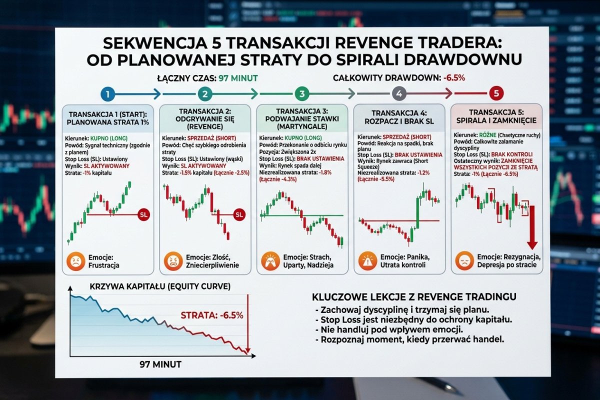 Sekwencja pięciu transakcji na rachunku 10 000 USD — od planowanej straty 1% do zleceń bez SL i wyniku -6,45% w 97 minut, wartości ilustracyjne