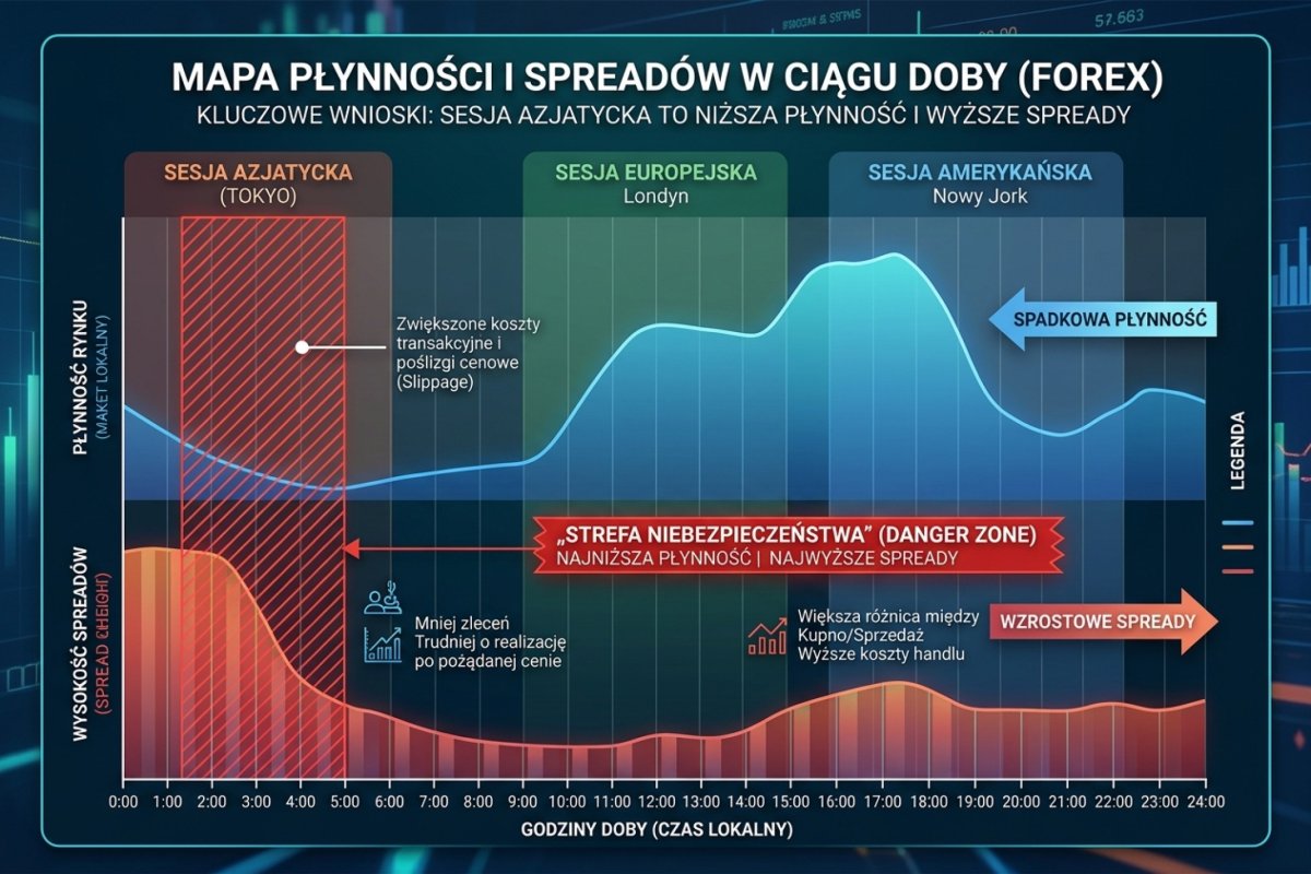 Rozkład płynności i spreadów w ciągu doby — okno o najniższej płynności i najszerszych spreadach w godzinach nocnych czasu europejskiego