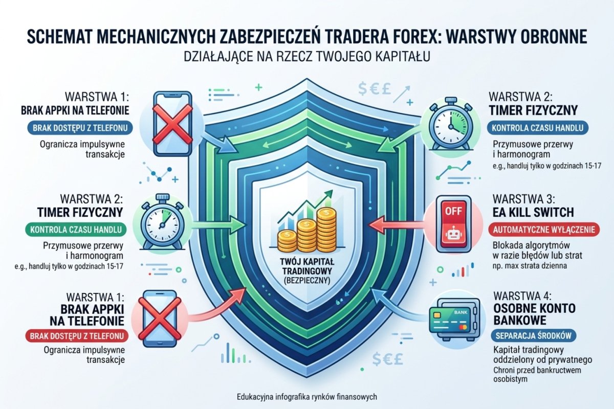 Warstwy barier ograniczających liczbę decyzji w gorącym momencie — limit po stronie serwera, odstęp czasowy, brak aplikacji na telefonie, rozdzielony kapitał