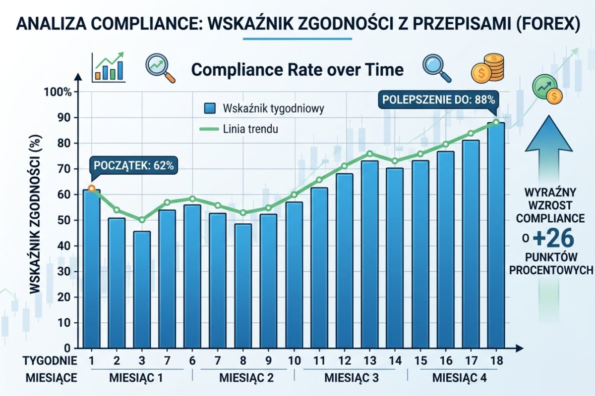 Wykres liniowy z dwiema liniami na wspólnych osiach opisanych słownie. Linia ciągła oznaczająca udział decyzji mających wpis sporządzony przed złożeniem zlecenia rośnie równomiernie od lewej do prawej. Linia przerywana oznaczająca udział decyzji zgodnych z regułą wśród wszystkich podjętych biegnie przez cały przebieg poniżej linii ciągłej: na pierwszym odcinku lekko opada, na drugim wznosi się najstromiej z całego przebiegu, a dalej rośnie łagodniej i coraz bardziej równolegle do linii ciągłej