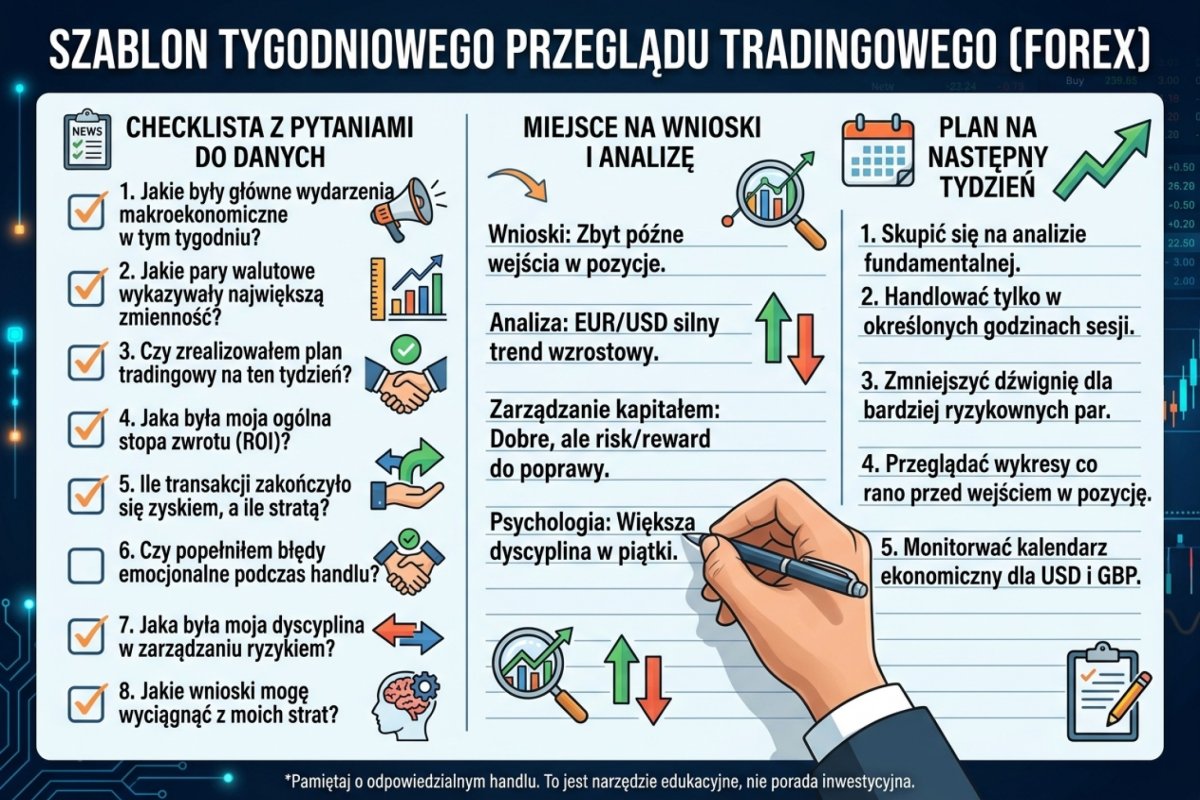 Schemat przeglądu przedstawiony jako cztery ponumerowane prostokątne pola ułożone w poziomym rzędzie i połączone strzałkami, podpisane kolejno: zestawienie zapisu z historią zleceń, rozkład kodów odstępstw, jedno pytanie przeglądowe, zapisana zmiana albo jawna decyzja o jej braku. Pod rzędem pozioma klamra obejmująca wszystkie cztery pola, podpisana kryterium zakończenia