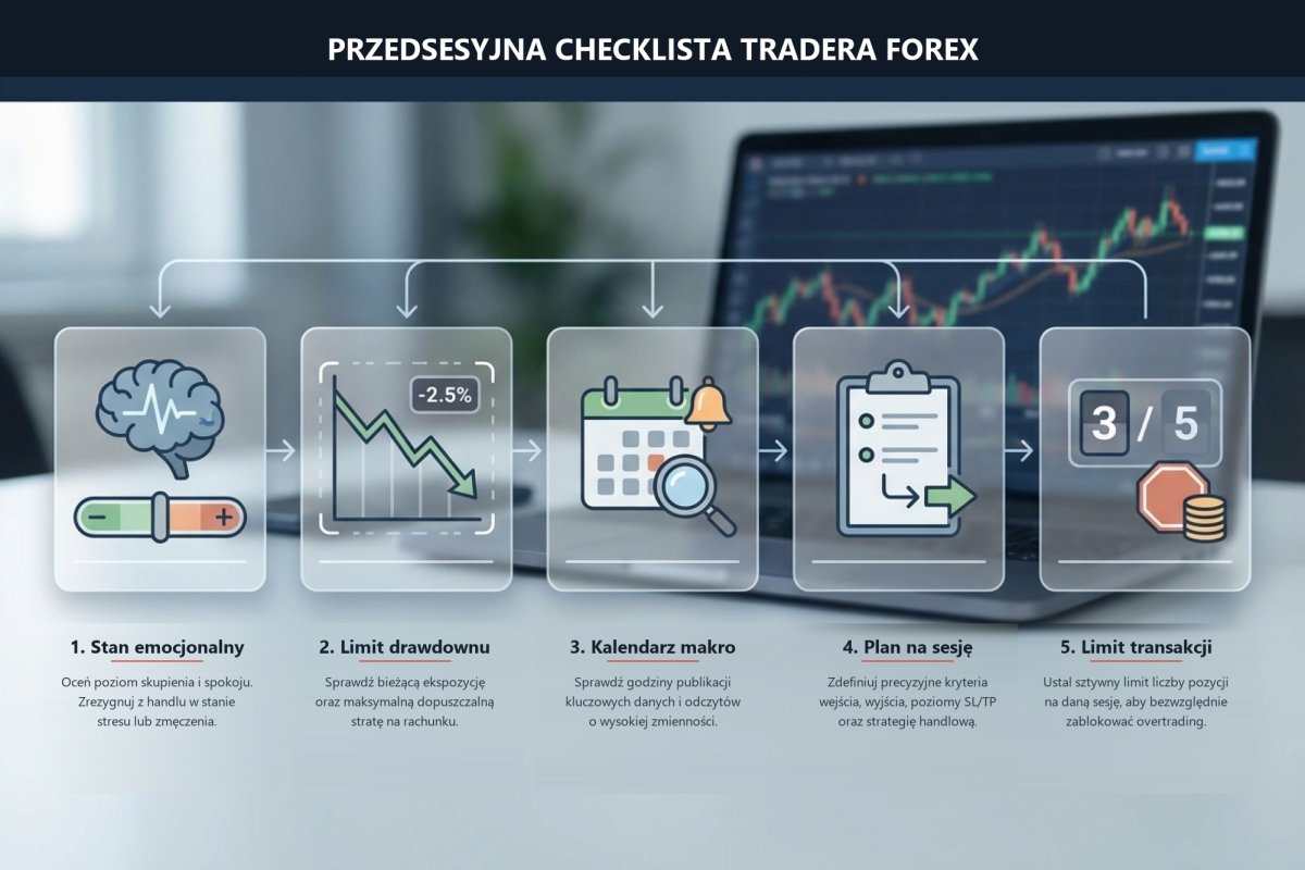 Przedsesyjna checklista tradera: weryfikacja stanu emocjonalnego, drawdownu, kalendarza makro i limitu transakcji