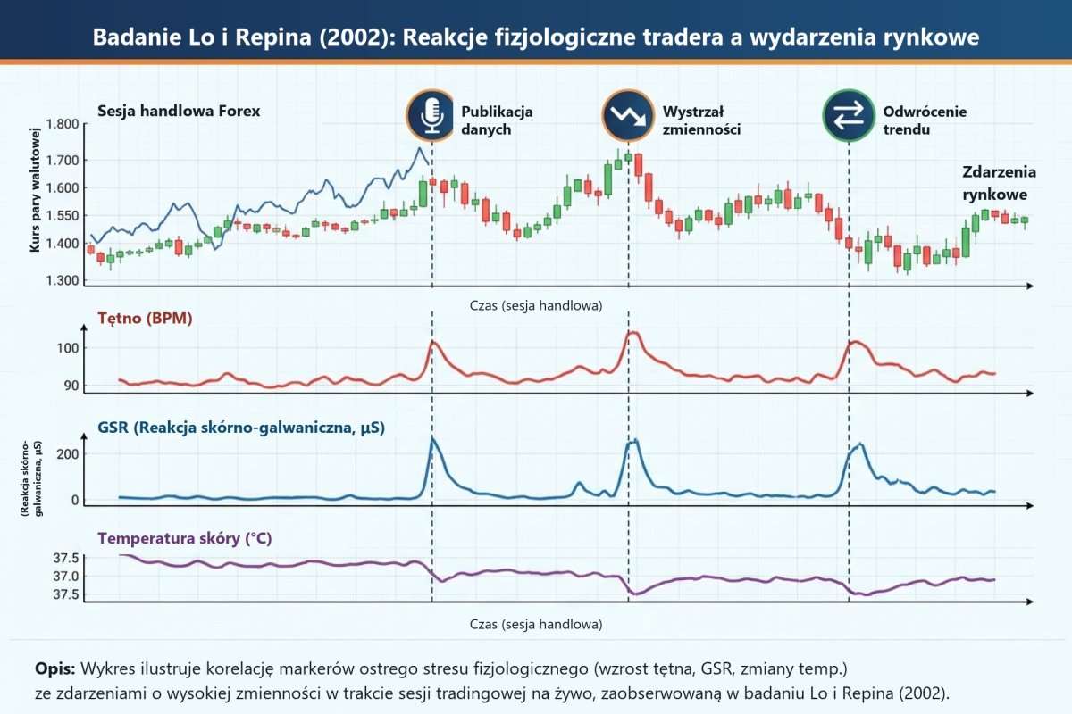 Wykres badania Lo i Repina (2002): skoki tętna, przewodnictwa skóry i temperatury zbiegające się w czasie ze skokami zmienności rynkowej