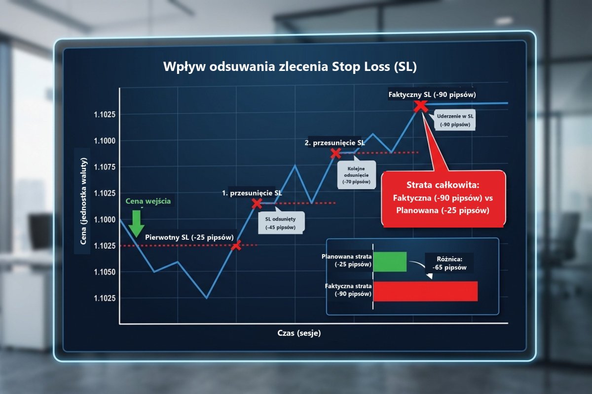 Wpływ odsuwania zlecenia Stop Loss na wynik: początkowe ryzyko 25 pipsów powiększone w trzech krokach do straty 90 pipsów